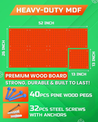 Skywin Wooden Pegboard Wall Organizer for Nerf Gun - 2 Pack - Orange | 8 MDF Panels, 20 Wooden Pegs, Compatible with All Blasters Nerf Gun Rack Organizer for Wall Organization