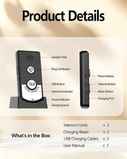 Intercoms Wireless for Home, Long Range Wireless Intercom System for Room to Room Communication, 2 Way Voice Intercom for Elderly, Seniors, and Kids