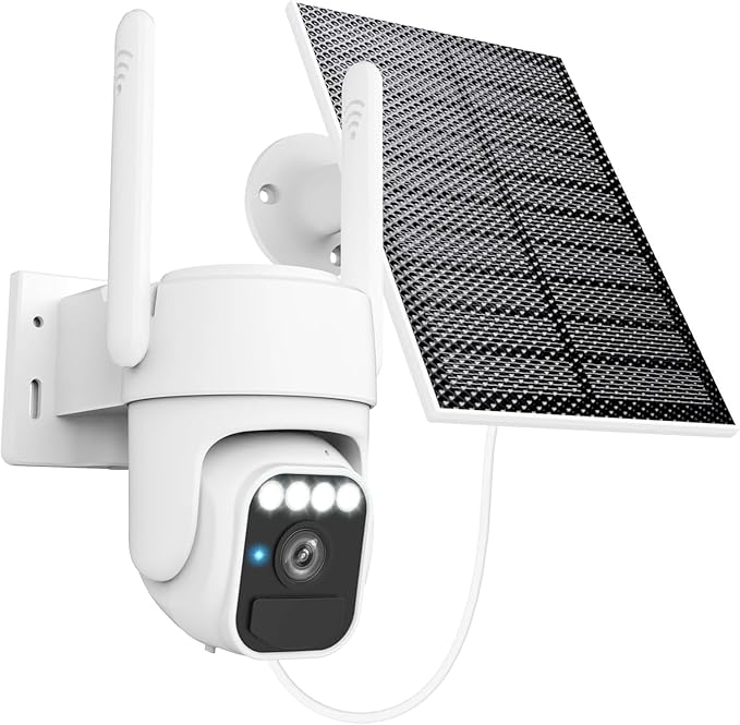 WY-LINK Solar Camera Outdoor Wireless, 360° Cameras for Home Security, Two-Way Talk, Auto Tracking, Light Alarm, Color Night Vision (1, White, Wi-Fi)