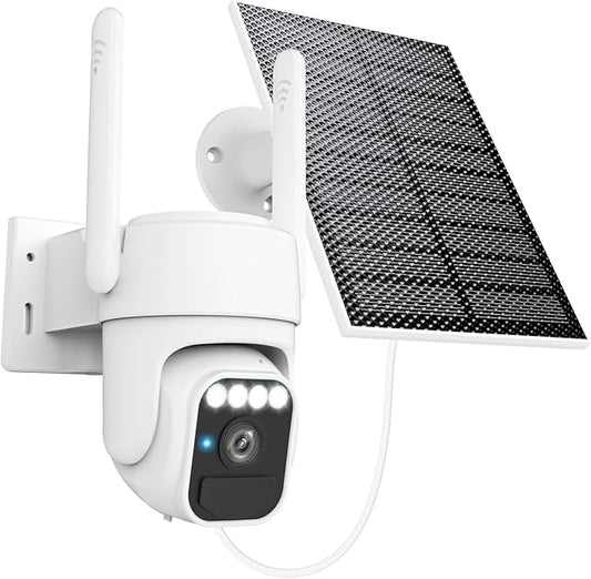 WY-LINK Solar Camera Outdoor Wireless, 360° Cameras for Home Security, Two-Way Talk, Auto Tracking, Light Alarm, Color Night Vision (1, White, Wi-Fi)