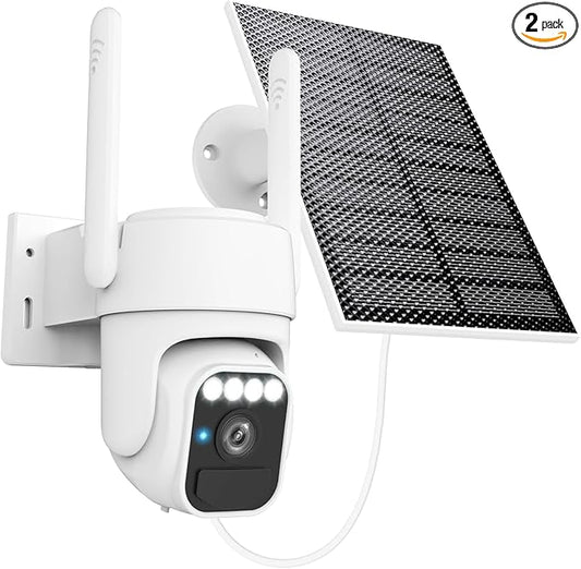 WY-LINK Solar Camera Outdoor Wireless, 360° Cameras for Home Security, Two-Way Talk, Auto Tracking, Light Alarm, Color Night Vision (2, White, Wi-Fi)
