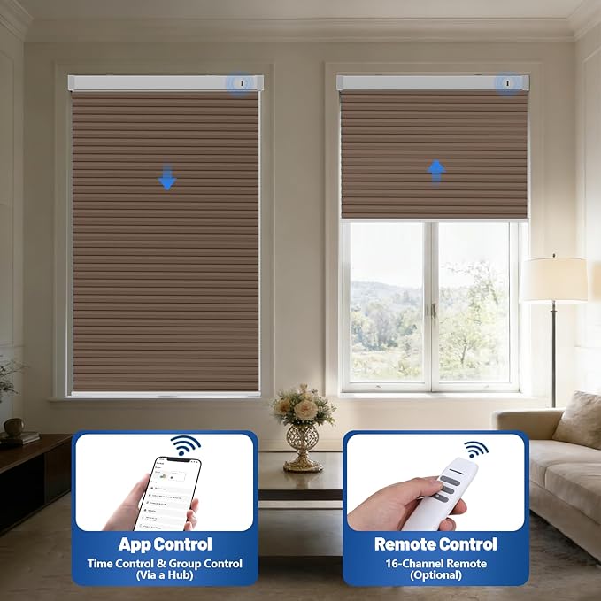 Motorized Cellular Shades with Remote, Blackout Smart Cellular Shades Compatible with Alexa, Cordless Honeycomb Window Blinds for Bedroom Home Office, Custom Size, Blackout Brown