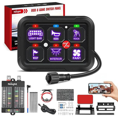 Nilight 6 Gang Switch Panel Relay System w/APP Control Automatic Dimmable | RGB Backlight Panel Circuit Control 2-side Output Fuse Wiring Harness ON Off LED Switch Pod for 12V 24V Car Truck Camper SUV