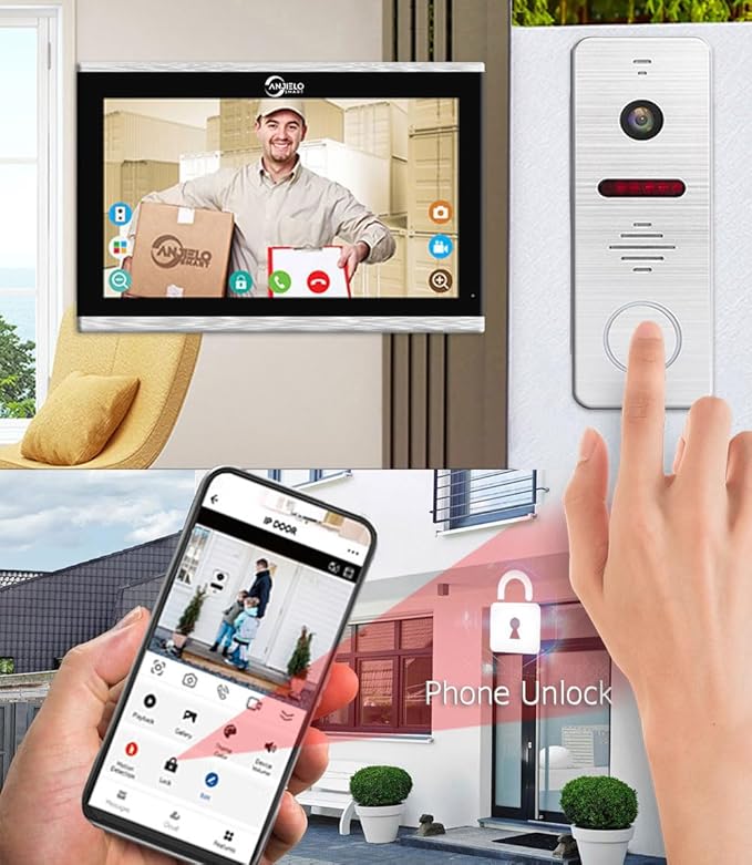 Wired Video Doorbell Intercom with 1080P Video Entry Doorphone Door Camera,10 Inch Touch Monitor,TUYA Wireless Smart Home Video Intercom Door Phone Kits for Villa Apartment (1 doorbell+4 Monitor)