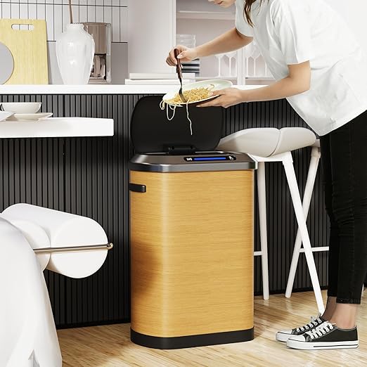 pouseayar 13 Gallon Smart Automatic Trash Can with Lid, Stainless Steel Thickened Body & Super Mute Sensor Lid with 30 Count Garbage Bags for Kitchen Office Bedroom Waste Bin and More - Wood Color