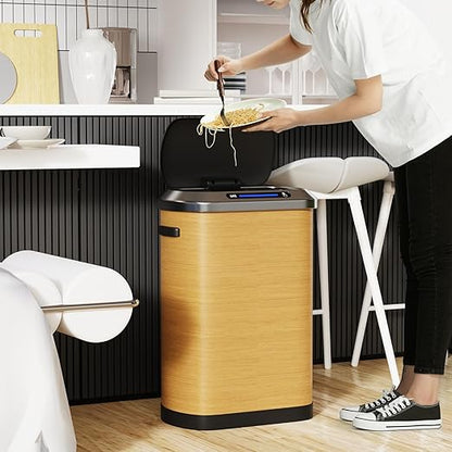 pouseayar 13 Gallon Smart Automatic Trash Can with Lid, Stainless Steel Thickened Body & Super Mute Sensor Lid with 30 Count Garbage Bags for Kitchen Office Bedroom Waste Bin and More - Wood Color