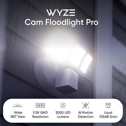 WYZE Floodlight Camera Pro, PCMag Editors' Choice 3000-Lumen LEDs, 2.5K HD Outdoor Security Camera, 180° Wide View, Motion Detection, Color Night Vision, Works with Alexa & Google-White