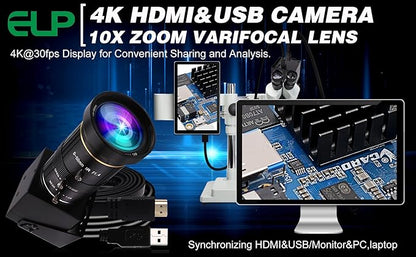ELP 4K USB HDMI USB Camera Manual Zoom Webcam Variable Focus PC Camera Mini Close-up Camera for Computer H.264 Telescope USB Security Camera 8mp IMX415 Industrial CCTV Camera (5-50mm 10X Zoom Lens)