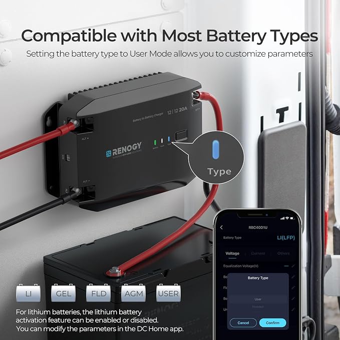 Renogy 12V 20A DC to DC Battery Charger with Multi-Stage Charging and Bluetooth Compatibility for Flooded, Gel, AGM, and Lithium Batteries in RVs, Commercial Vehicles, Boats, and Yachts