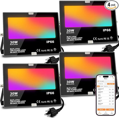 LED Flood Light Outdoor 30W, 300W Equivalent Smart RGB Landscape Lighting | APP Control -DIY Scenes -Timing - Warm White 2700K -Color Changing Uplight, 3000LM IP66, US Plug, Stage Uplight MELPO(4 Pack)