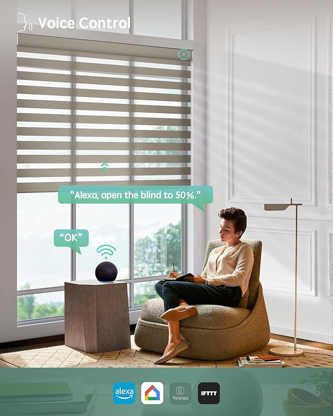 Yoolax Motorized Zebra Blinds Compatible with Alexa,Motorized Blinds with Remote Smart Automatic Custom Electric Window Blinds Cordless Indoor Light Filtering for Home Bedroom Kitchen (Sandy Yellow)
