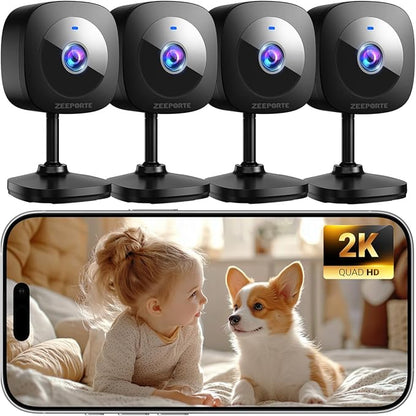 ZEEPORTE 2K Indoor Cameras for Home Security - Baby Monitor and Dog Pet Camera with Motion Detection, 2-Way Audio, Night Vision, Siren, Wired Security Camera - Works with Alexa (4-Pack)