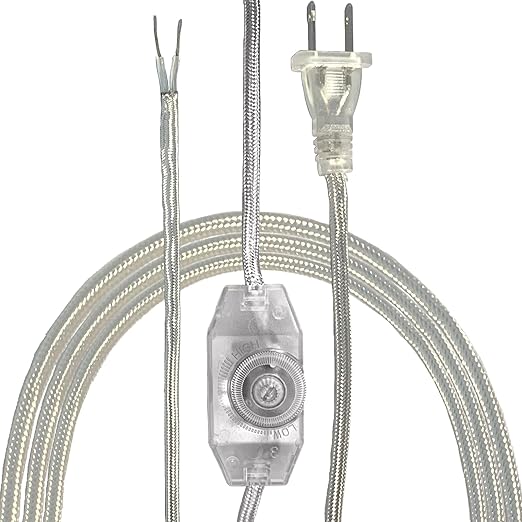 Royal Designs Lamp Cord Molded Plug with Rotary Dimmer Switch, Stripped Ends Ready for Wiring, 8 ft long, Silver, SPT-1 UL Listed