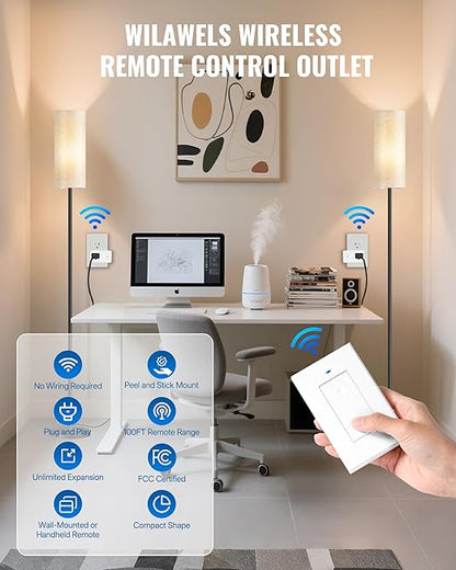 Remote Control Outlet Wireless Light Switch, Removable Remote Outlet Switch Kit for Lamps, Lights, Appliance, Expandable, 100ft RF Range, FCC Listed (1 Controller + 2 Outlets) W08RC1206