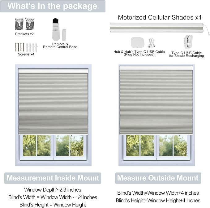 BERISSA Motorized Cellular Shades, Blackout Smart Honeycomb Blinds with Remote Control & Hub, Custom Room Darkening Automatic Cellular Window Blinds for Home Office, Living Room, Door,Gray