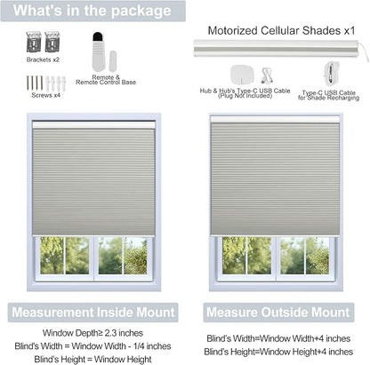 BERISSA Motorized Cellular Shades, Blackout Smart Honeycomb Blinds with Remote Control & Hub, Custom Room Darkening Automatic Cellular Window Blinds for Home Office, Living Room, Door,Gray