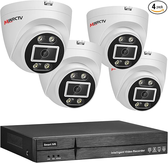 MWRCTV 2-Way Audio PoE Security Camera System,4pcs Wired 4MP Dome IP Camera for Home Security,110°Wide Angle Lens,Smart Dual Light,Human&Vehicle Detection,8 Port 16CH 4K NVR,24/7 Recording(No HDD)