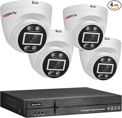 MWRCTV 2-Way Audio PoE Security Camera System,4pcs Wired 4MP Dome IP Camera for Home Security,110°Wide Angle Lens,Smart Dual Light,Human&Vehicle Detection,8 Port 16CH 4K NVR,24/7 Recording(No HDD)