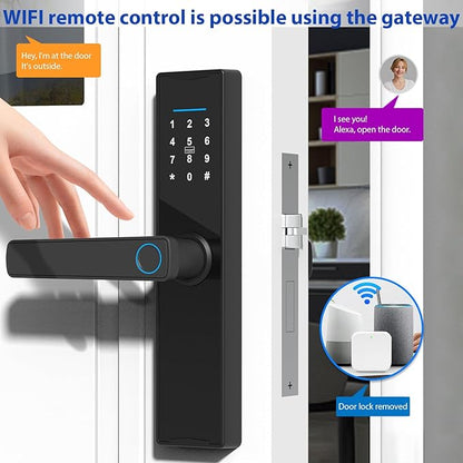 WiFi Smart Lock, Tuya Smart Fingerprint Lock, Door Lock Keypad, Door Lock with Handle Fingerprint Electronic Deadbolt, Smart Door Lock Compatible with Tuya APP for 38-55mm Thickness Home Door