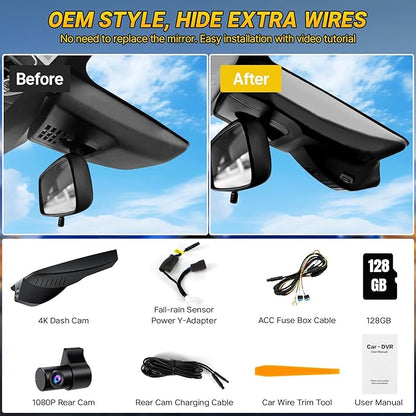 Front 4K + Rear 1080P Dash Cam for Toyota Corolla Gen12 E210 2023 2024 2025 2026 Sedan Hybrid Hatchback, OEM Look, WiFi & APP, Loop Recording, G-Sensor, Parking Monitor, Easy to Set, 128GB Card