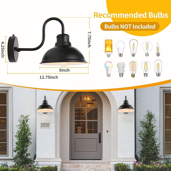 Dusk to Dawn Outdoor Wall Sconces, Exterior Farmhouse Gooseneck Barn Light, Vintage Matte Black Outside Wall Mount Light Fixture, Anti-Rust Waterproof Outdoor Light Hardwired for Porch Garage