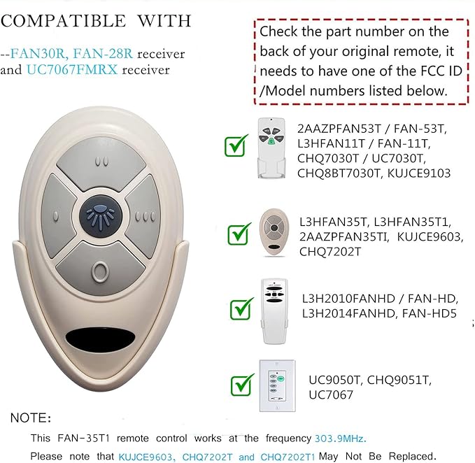 35T Ceiling Fan Remote Control Replacement for Allen Roth Harbor Breeze FAN35T1 L3HFAN35T1 FAN-35T FAN-11T L3HFAN35T 2AAZPFAN53T 2AAZPFAN-53T L3HFAN11T1 L3HFAN11T2,303.9MHz (Just Remote)