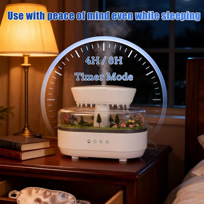 Rain Cloud Humidifier Diffuser with Natural Rain Sounds Ocean Waves Crackling Fire 7 Color Night Light 250mL Large Tank Quiet Operation 4-8 Hour Timer Auto Shut Off for Bedroom Sleep Office Relaxation