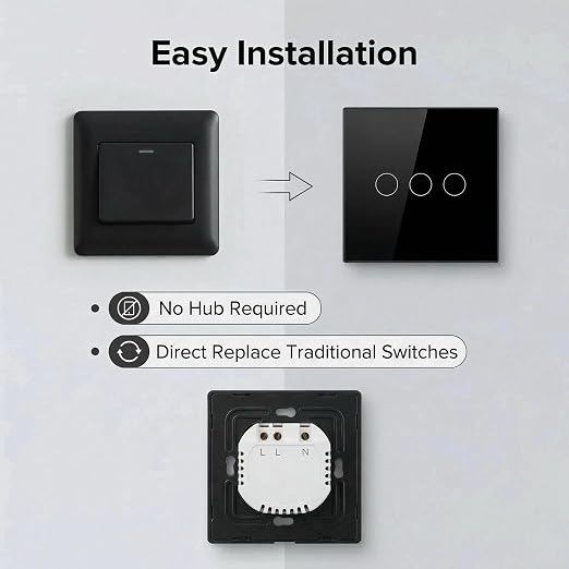 3-Way Smart Switch Wall Light Control Touch,App Remote Control,Black | 3-Way WiFi BT 433MHz RF Tuya App control, Alexa Google voice, no hub, tempered glass touch panel for home indoor lights