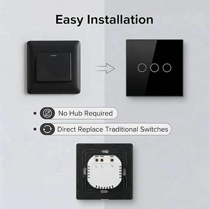 3-Way Smart Switch Wall Light Control Touch,App Remote Control,Black | 3-Way WiFi BT 433MHz RF Tuya App control, Alexa Google voice, no hub, tempered glass touch panel for home indoor lights