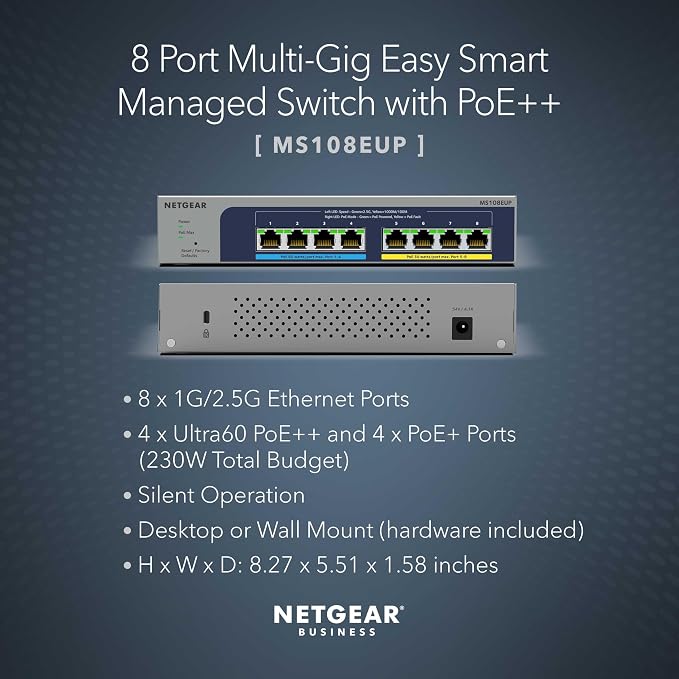 NETGEAR 8-Port PoE 2.5G Ethernet Easy Smart Managed Switch (MS108EUP) | With 4 x 2.5G Ultra60 PoE++ and 4 x 2.5G PoE+ Ports @ 230W, Desktop or Wall Mount