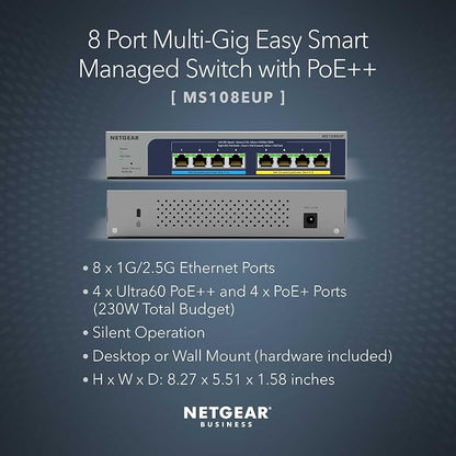 NETGEAR 8-Port PoE 2.5G Ethernet Easy Smart Managed Switch (MS108EUP) | With 4 x 2.5G Ultra60 PoE++ and 4 x 2.5G PoE+ Ports @ 230W, Desktop or Wall Mount