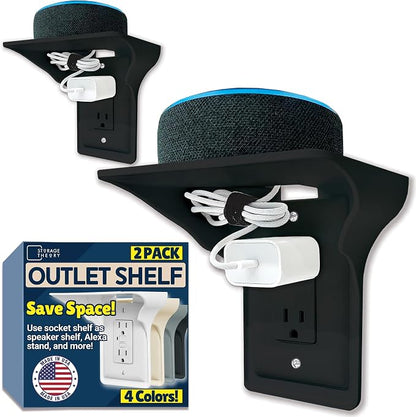 Power Perch Outlet Shelf Organizer for Alexa Echo Dot, HomePod Mini Speakers, Phone - Wall Outlet Holder with Cord Storage Strap - Socket Shelf Bathroom Kitchen Counter Charging Station - Black 2 Pack