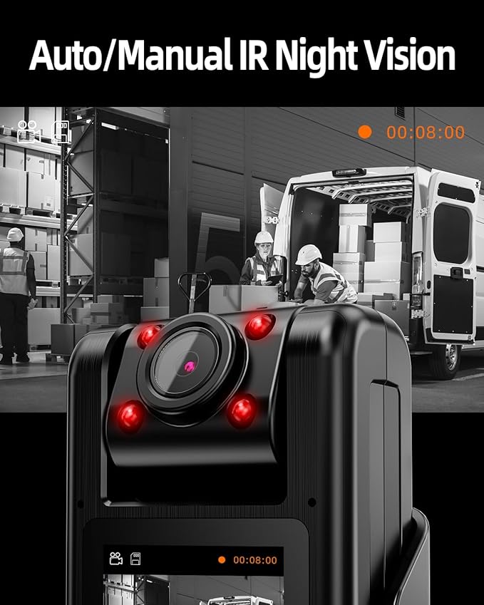 VIDCASTIVE 4K WiFi Body Camera with 64G Memory Card, Portable Body Worn Cam with 180° Rotatable Lens, Night Vision, 2000mAh Battery for Daily Records, Delivery/Serving Jobs