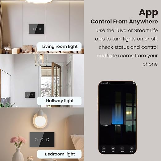 Smart Switch Neutral Wire Optional,APP Control,Black 3 Button | 4.65 X 2.83 X 1.34 Inches,Only 2.4GHz Wi-Fi,Voice Control,Work with Tuya/Smart Life/Alexa,Tempered Glass Panel