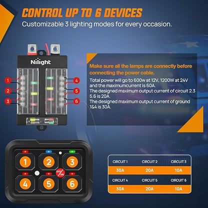 Nilight 6 Gang Switch Panel Relay System w/APP Control Automatic Dimmable | RGB Backlight Panel Circuit Control 2-side Output Fuse Wiring Harness ON Off LED Switch Pod for 12V 24V Car Truck Camper SUV