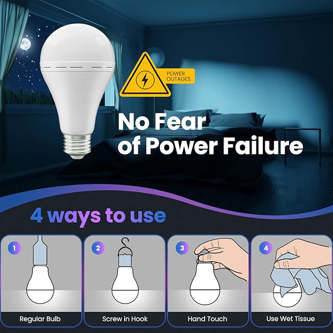 Emergency Rechargeable Led Light Bulb with Hook,Stay Lights Up When Power Failure, 1500mAh 12W 60W Equivalent LED Light Bulbs for Home, Camping, Hiking, 2 Pack
