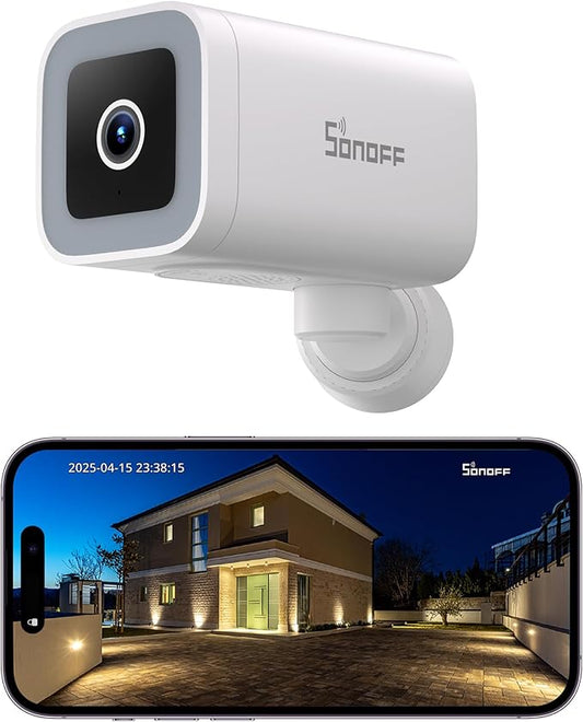 SONOFF CAM-B1P Outdoor Security Camera, 2K HD & Color Night Vision, 180 Panoramic View, AI Human Detection & Tracking, IP65 Weatherproof, Two-Way Audio, Works with Smart Home Platforms