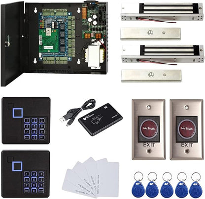 2 Door Access Control Board System 600lbs Electromagnetic Lock Infrared NoTouch Exit Button Keypad Reader 110~240V Power Supply Box USB Enroll Reader Card Key Fob APP remotely Open Door