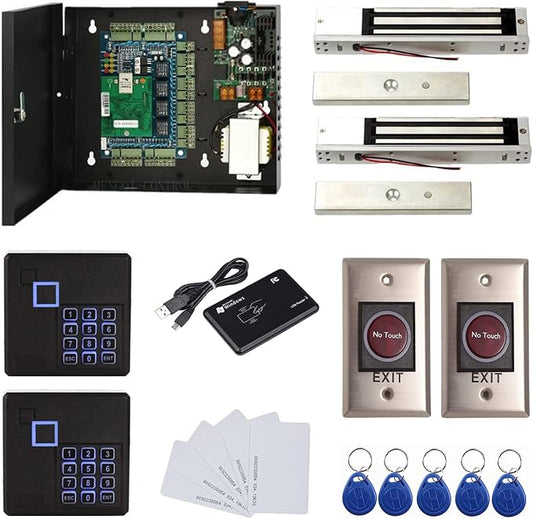 2 Door Access Control Board System 600lbs Electromagnetic Lock Infrared NoTouch Exit Button Keypad Reader 110~240V Power Supply Box USB Enroll Reader Card Key Fob APP remotely Open Door