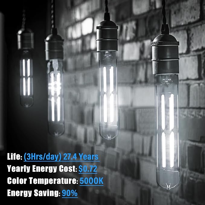8.9IN LED Light Bulbs E26 Base, 6W 800LM 5000K Daylight White T10 T9 Vintage Edison Bulbs Dimmable, AC 120V Equal 80 Watt Clear Glass Long Tubular Filament Bulb, UL Certified - 2Pack
