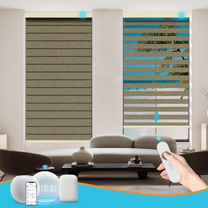 Motorized Zebra Blinds with Remote, Work with HomeKit Alexa, Smart Light Filtering Horizontal Automatic Electric Window Shades for Home Office Customsize（90% Blackout Brown）