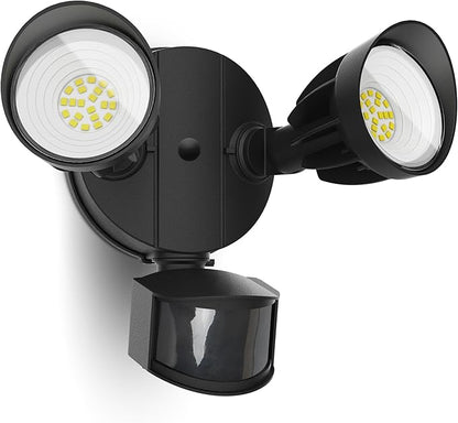 UME LED Security Light Motion Sensor Outdoor Lights, 27W 3000LM, 5000K, IP65 Waterproof, Dusk to Dawn, 2 Head Motion Detector Flood Light for Outside, Garage, Yard (Black)