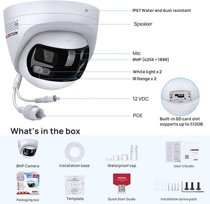 VIKYLIN 8MP 4K Dual Lens Poe IP Security Camera with 180° Panoramic Wide Angle,Smart Hybrid Light, Human/Vehicle Detection, Strobe Light&Audible Warn,2-Way Audio, 512 GB SD Card Slot,IP67 (2mm Lens)