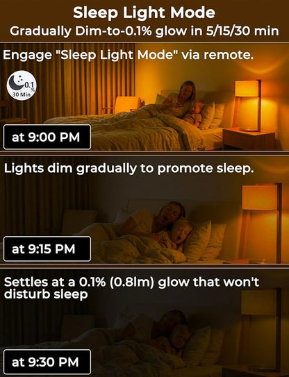 Amber Sleep Light Bulbs 1600K with Remote Control, E26 Blue Light Blocking A19, 9W for Sleep Therapy, Baby Nursery, Bedroom (4 Packs)