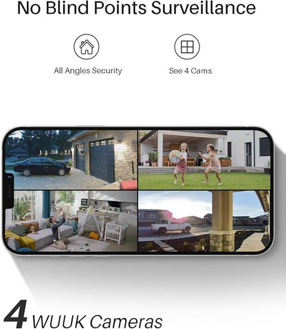 WUUK Solar Security Cameras Wireless Outdoor, Home Surveillance System, 2K, No Monthly Fee, Motion Alert, Night Vision, 2.4/5 GHz WiFi, 32G Local Storage, Compatible with Alexa & Google, 4-Camera Kit