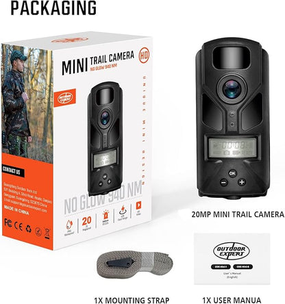 OUTDOOR EXPERT 20MP Mini Trail Camera, 1080P Hunting Camera with No Glow 940nm Night Vision Motion Activated IP66 Waterproof, 80ft Illumination Range for Wildlife Monitoring, Outdoor Use