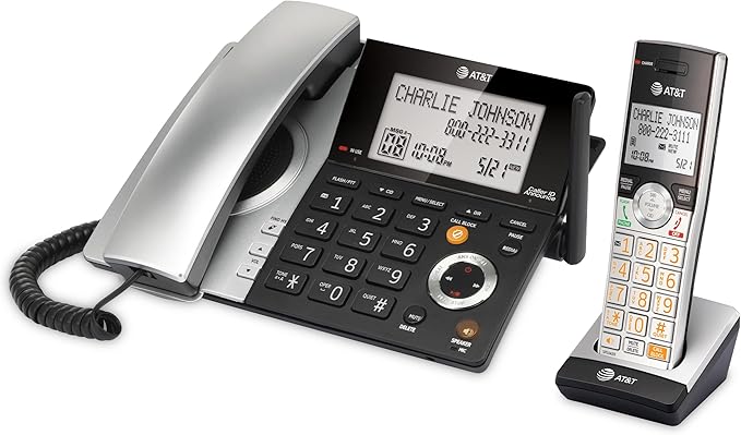 AT&T CL84107 DECT 6.0 Expandable Corded/Cordless Phone with Smart Call Blocker, Black/Silver with 1 Handset