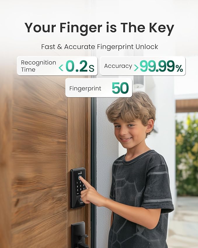 DESLOC WiFi Smart Lock D110 Plus, Built-in Wi-Fi No Hub Needed, Fingerprint Keyless Entry Front Door Lock, Touchscreen Keypad Deadbolt with Backlit, APP Control, Auto Lock, Anti-Peep PIN, BHMA Grade 3