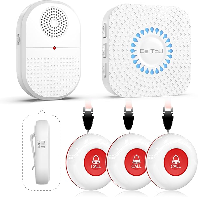 CallToU Wireless Caregiver Pager, Waterproof Call Button for Elderly at Home, Medical Alert System with Vibration & 500ft Range, Emergency Help Button for Seniors (3 Buttons + 2 Receivers)