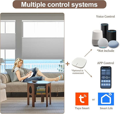 Godark Motorized TDBU Cellular Shades with Remote Control Smart Honeycomb Blinds Compatible with Alexa Google Home Smarthings Custom Double Cellular Blackout for Indoor Windows Doors-White